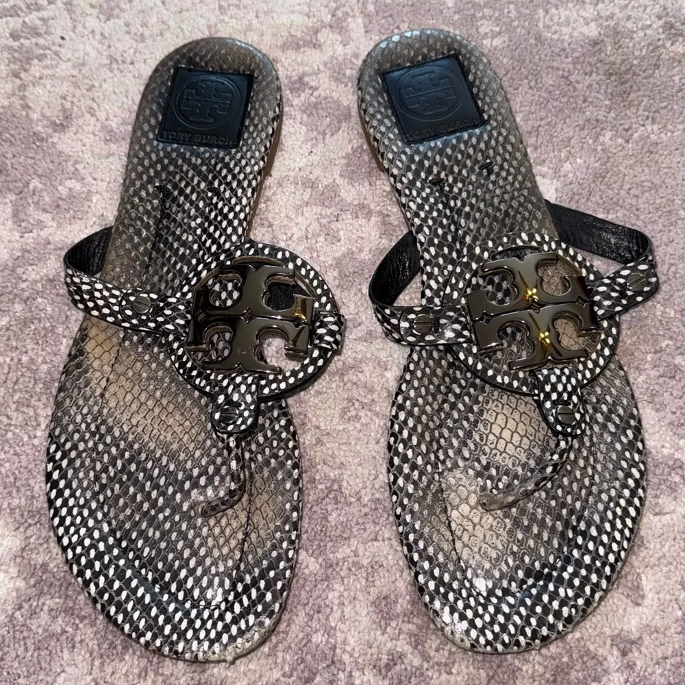 Tory Burch Women’s 11 Black White Silver Snakeskin Miller Sandals